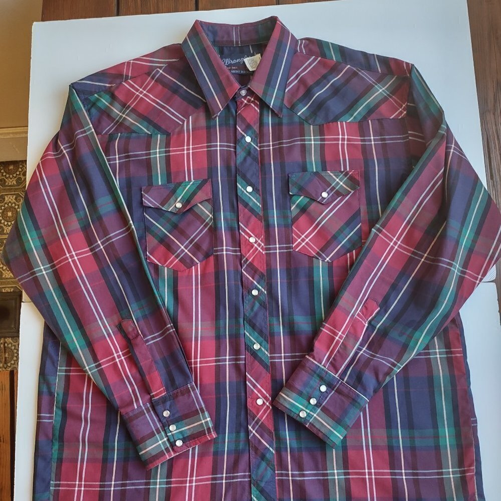 Vintage Wrangler Western Plaid Men's Shirt Pearl Snaps Size XL Tall - Picture 6 of 8